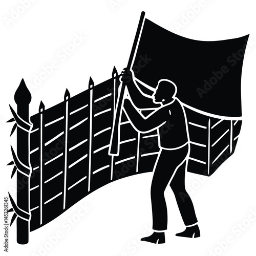 Black and White Illustration of Person Raising Flag Over Fence - Protest Art