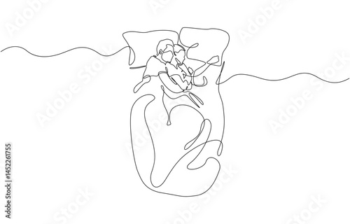 Continuous line drawing. Beautiful couple in sleeping pose on pillows, Man and woman sleeping on bed. Couple lying backs to each other during night rest. Romantic couple resting at night.