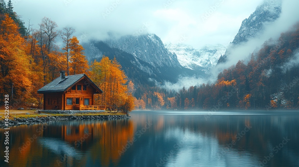 Obraz premium Autumn cabin on lake shore, misty mountains, tranquil scene