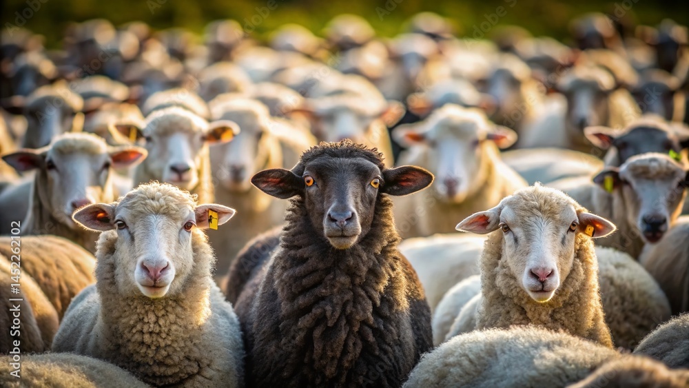 Obraz premium Black Sheep Amongst White Sheep: A Powerful Image of Standing Out