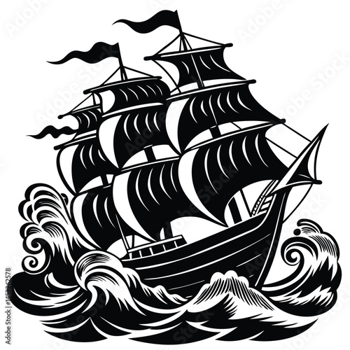 Black and White Illustration of a Sailing Ship on Rough Seas, Nautical Art