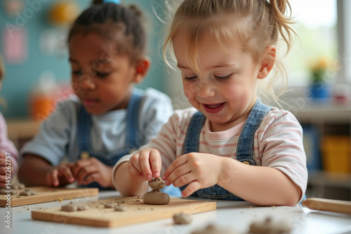 Adorable cute little toddler girl playing with clay at kindergarden. Healthy baby playing and creating toys from play dough at nursery or playschool. Creative activity. AI