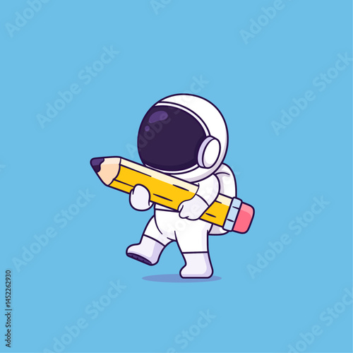 Cute cartoon of astronaut carrying a yellow pencil. Vector illustration of astronaut. Science, study and technology concept.