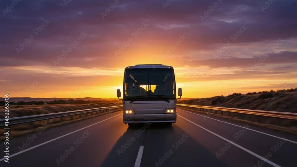 Bus driving into horizon on empty road during vivid sunset Bus driving into horizon on empty road during vivid sunset