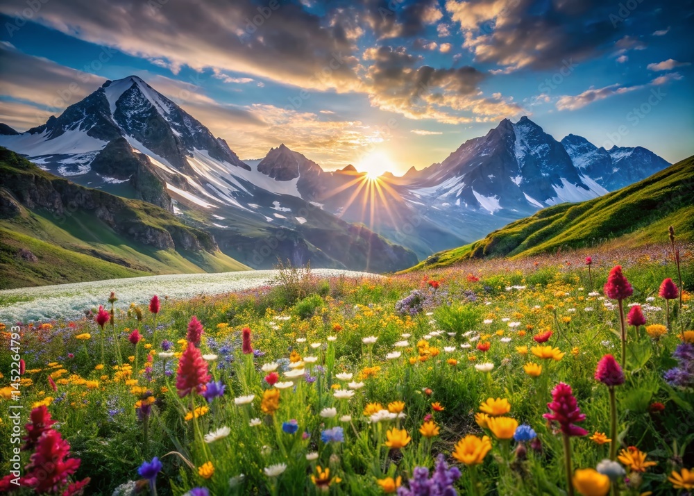 Fototapeta premium Breathtaking Alpine Meadow Wildflowers, Snow-capped Peaks, Sunny Sky - Nature Stock Photo