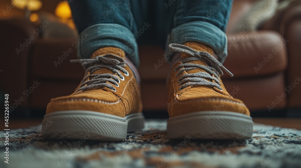 Person wearing yellow shoes and blue jeans standing on a patterned rug indoors. Person wearing yellow shoes and blue jeans standing on a patterned rug indoors.