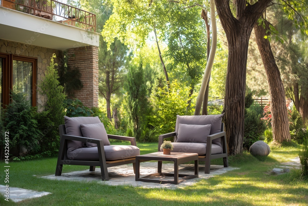Relaxing Outdoor Patio Furniture In A Lush Green Garden Relaxing Outdoor Patio Furniture In A Lush Green Garden
