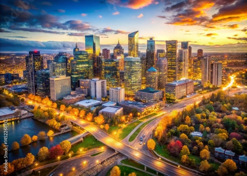 Calgary Downtown Aerial View: Bokeh Cityscape, Alberta Landmark Buildings