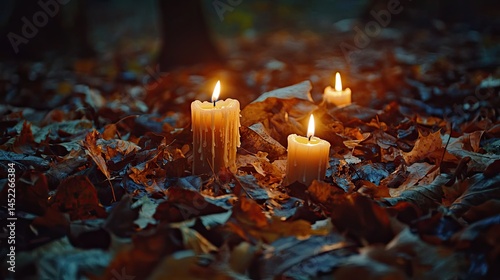 Autumnal candles nestled amongst fallen leaves.