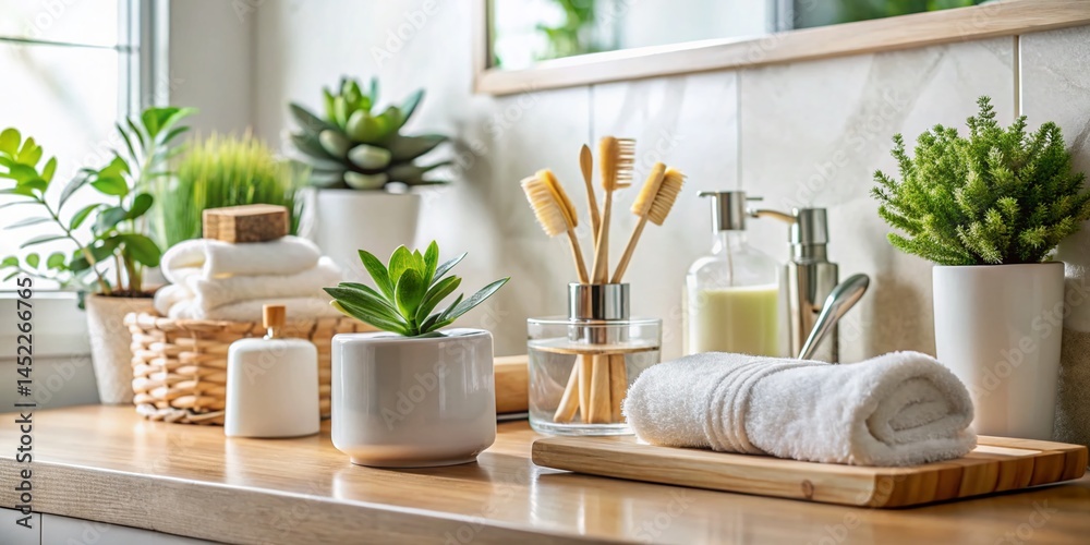 Fototapeta premium Candid Shot of Bathroom Essentials: Towels, Soap, and More