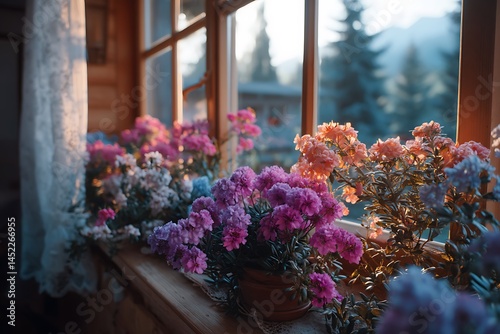 Soft sunlight shining through the windows of a cozy cottage, with a peaceful garden full of blooming flowers outside.
