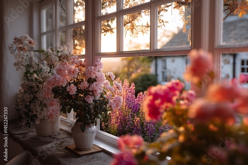 Soft sunlight shining through the windows of a cozy cottage, with a peaceful garden full of blooming flowers outside.