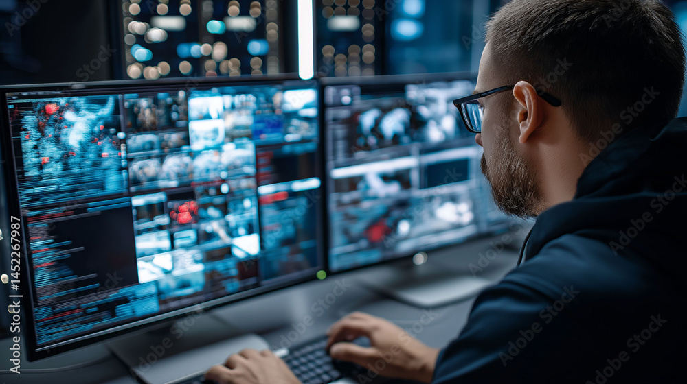 Malware prevention ransomware infrastructure. Spyware detection. Trojan detection. Endpoint vulnerability. Zero-day detection. Cybersecurity analyst monitoring real-time ransomware threats Malware prevention ransomware infrastructure. Spyware detection. Trojan detection. Endpoint vulnerability. Zero-day detection. Cybersecurity analyst monitoring real-time ransomware threats
