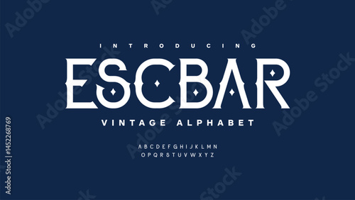 Escbar: Vintage-inspired classic typeface design. Elegant uppercase alphabet A–Z and numbers in a timeless serif style. Vector illustration.