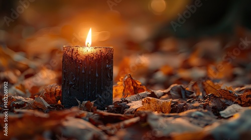 A single candle's warm glow amidst fallen autumn leaves.