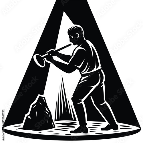 Black and White Glassblower Silhouette in Spotlight, Blowing Glass, Vector Art Style