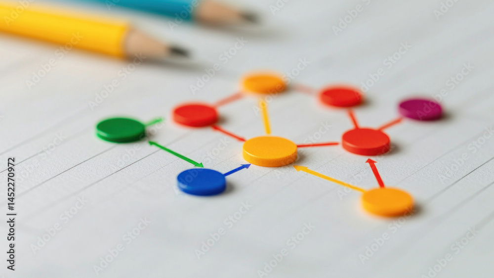 Fototapeta premium Business Plan Flowchart with Colorful Markers and Icons on Paper