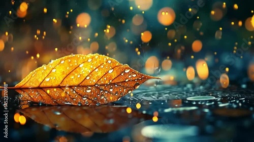 Experience the beauty of nature in this stunning video. A leaf on water surrounded by sparkling lights. Ideal for relaxation and creativity. Discover tranquility. AI