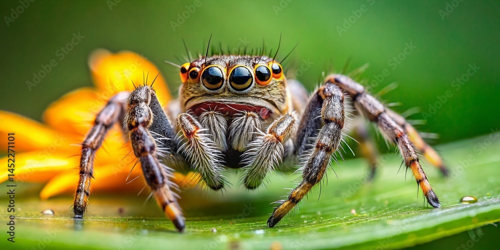 Fototapeta premium Close-up of a Jumping Spider on a Green Leaf - Macro Nature Photography