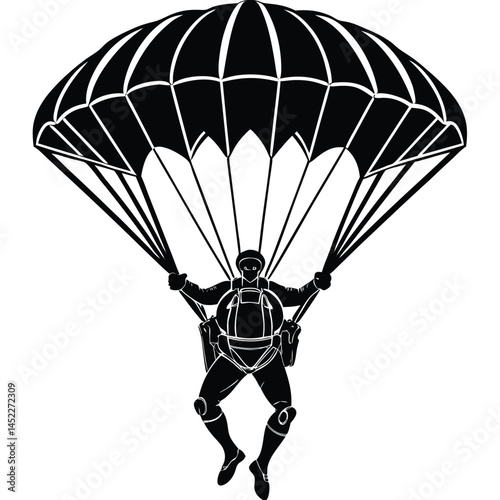 Black Silhouette Parachutist with Open Parachute, Military Style, Vector Illustration