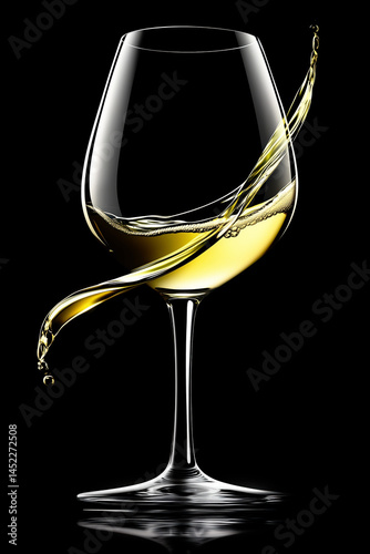 Dynamic splash of white wine swirling elegantly in a clear glass against a stark black background, capturing motion and luxury
