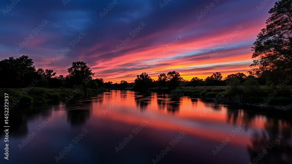 Sunset over river with colorful reflections Sunset over river with colorful reflections
