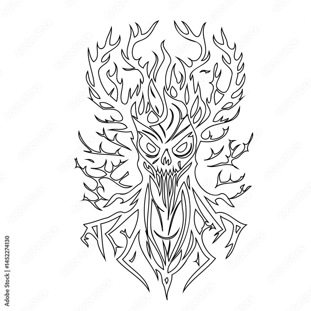 Fototapeta premium Stylized line art depicting a skeletal face merged with organic tree-like forms
