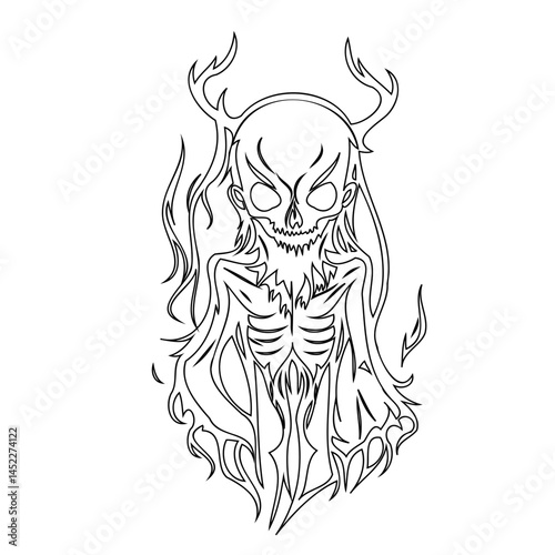 Creepy skeletal figure with antlers and flowing lines drawing, a monochromatic illustration