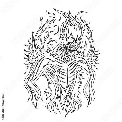 Line Art Illustration: Ethereal Being Emerging from Entwined Branches and Roots