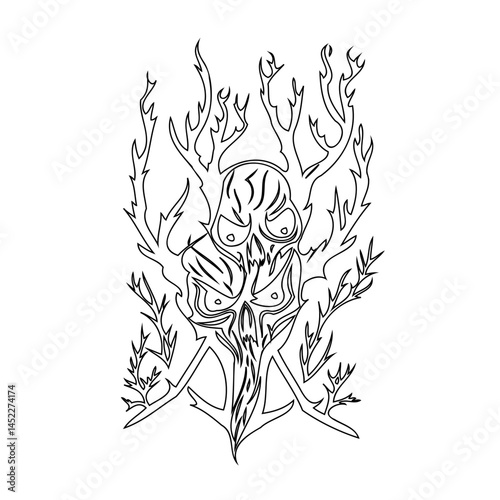 Abstract anthropomorphic being, linework drawing with arboreal extensions, digital art
