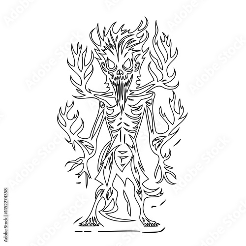 Monochromatic depiction of a spectral entity with organic limb extensions