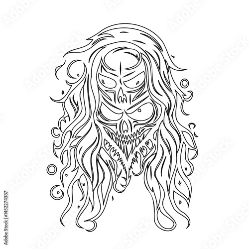 Eerie skeletal visage with flowing hair, rendered in stark line art style