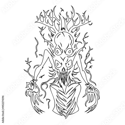 Stylized depiction of a spooky creature emerging from an organic, arboreal form