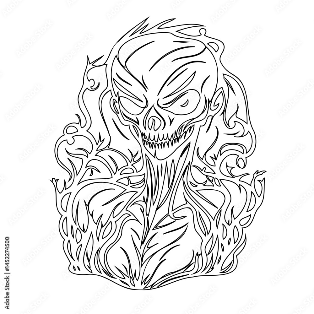 Fototapeta premium Eerie line art illustration of a skeletal figure engulfed in swirling flames