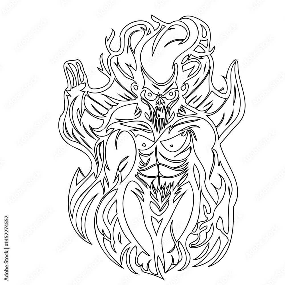 Obraz premium Abstract depiction of a demonic figure with intricate line art and fire elements