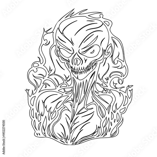 Eerie line art illustration of a skeletal figure engulfed in swirling flames
