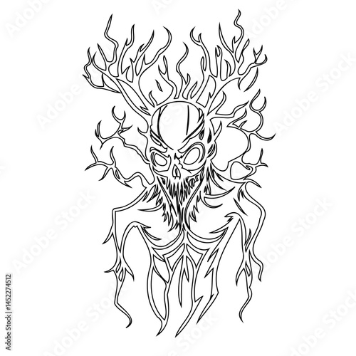 Eerie skeletal figure adorned with branches, spectral apparition in stark contrast