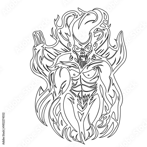 Abstract depiction of a demonic figure with intricate line art and fire elements