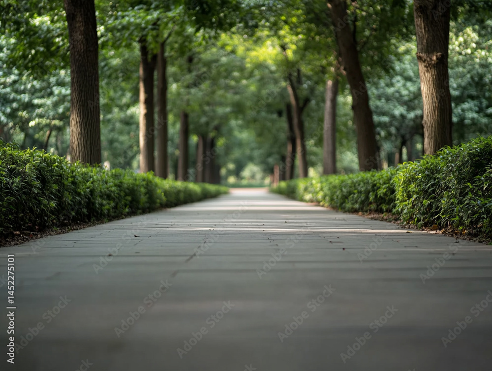 Blurred park pathway with dappled sunlight through trees, green natural color palette Blurred park pathway with dappled sunlight through trees, green natural color palette