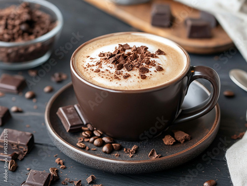 Chocolate shavings on top of creamy cappuccino in coffeehouse setting, warm tones