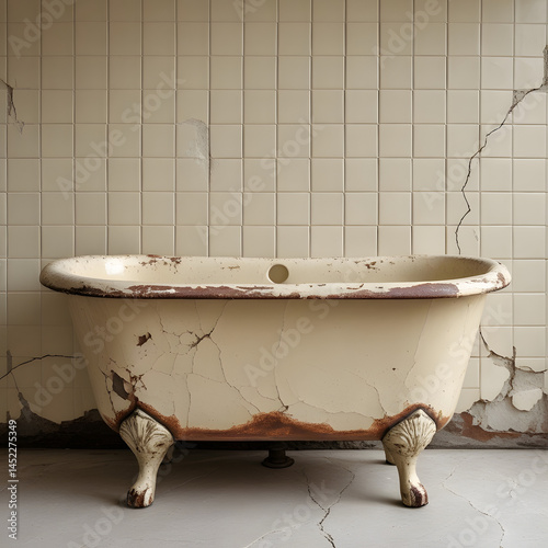 Vintage Bathtub: An antique bathtub exudes a sense of history with its elegant design, detailed claw feet, and weathered appearance, creating a nostalgic focal point within a tiled space.