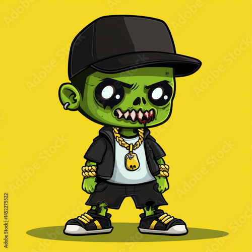 Cartoon Zombie Kid in Hip-Hop Outfit with Gold Chain and Cap, Funny Green-Skinned Mascot Character Vector Illustration
