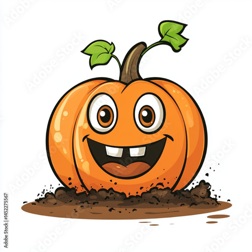 Happy Cartoon Pumpkin Character with Big Eyes and Smile, Cute Halloween or Harvest Season Vector Illustration