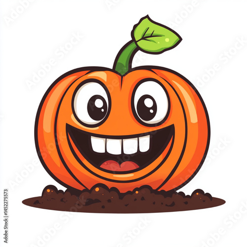 Happy Cartoon Pumpkin Character with Big Eyes and Smile, Cute Halloween or Harvest Season Vector Illustration