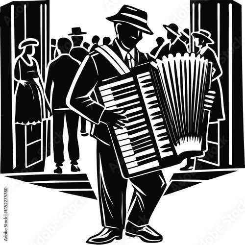 Accordion Player Silhouette Performing for Crowd, Black and White Art, Music Scene