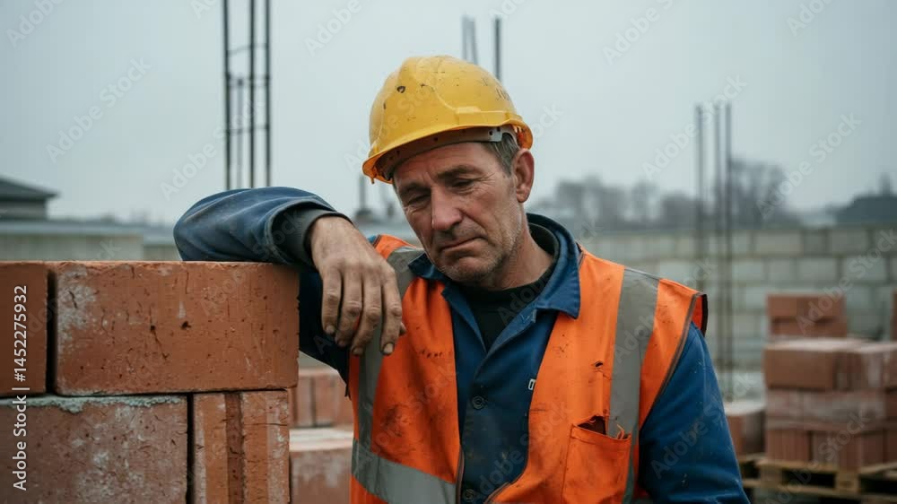 construction worker depressed expression with building background