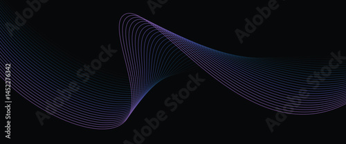 Vector abstract light lines wavy flowing dynamic in pink and blue colors isolated on black background.