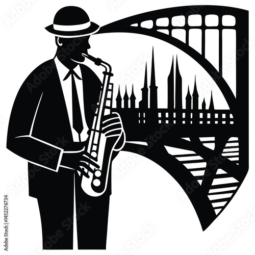 Jazz Saxophonist Silhouette Playing with Cityscape Background in Black and White