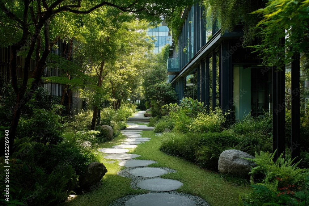 Stone Pathway Through Lush Green Urban Garden Stone Pathway Through Lush Green Urban Garden
