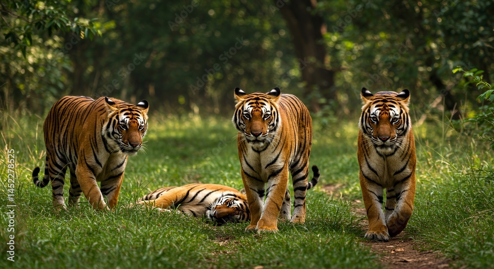 Obraz premium Majestic Bengal Tiger Pride Poses Dynamically in Lush Green Forest One Stalks Another Lounges One Guards and One Walks Directly Towards Viewer